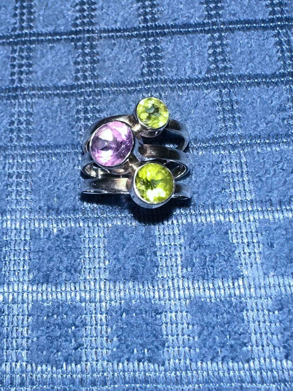 Sterling Silver Triple Gemstone Ring — Green Peridot & Purple Amethyst